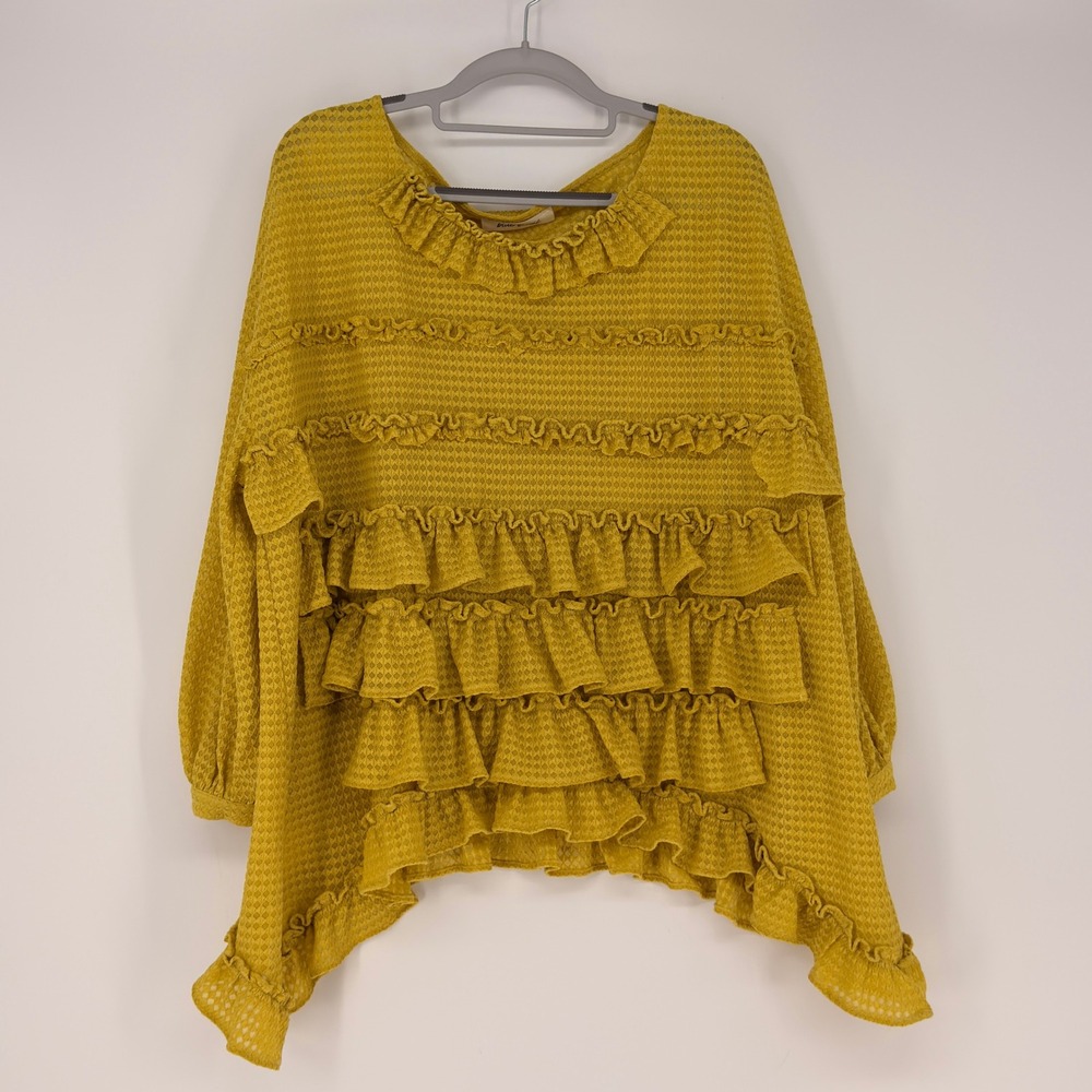 Blue‎ Tassel Blouse Womens OS Mustard Yellow Ruffle Tiered Boho Cottagecore Top